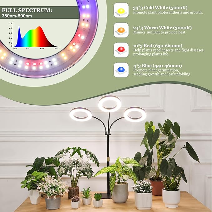LBW Halo Plant Grow Light, Tri-Head Desk Grow Light for Indoor Growth, 72x3 LEDs Full Spectrum Grow Lamp with 4/8/12H Auto Timer, 4 Brightness Levels, Height Adjustable, Ideal for Indoor Plants, Black