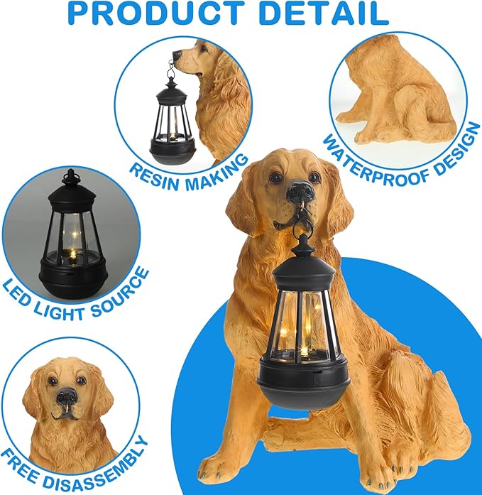 Garden Dog Statues Outdoor Decor, Resin Solar Lights Outdoor Statue Led Garden Decorations Windproof Lamp Lawn Ornaments Front Yard Decorations Outdoor for Porch Home Patio(Golden Retriever)