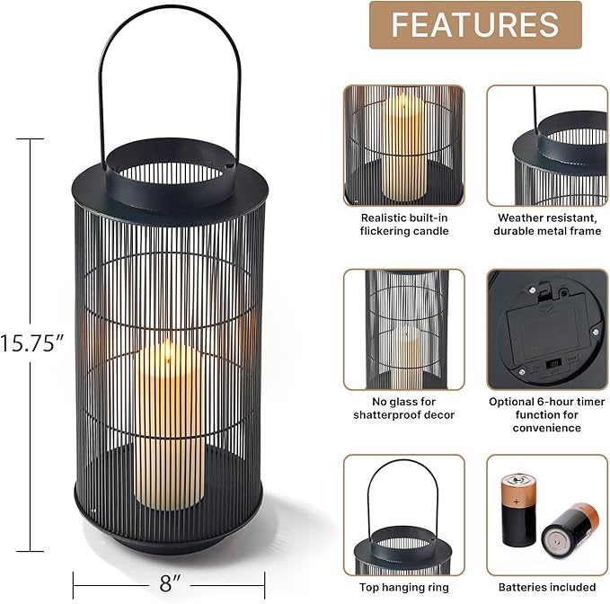 LampLust Outdoor Lantern Decorative Outdoor Patio Decor, 16 Inch Candle Lantern, Black Metal, Outdoor Lanterns for Patio Waterproof, Battery Included, Modern Farmhouse Front Porch Decor