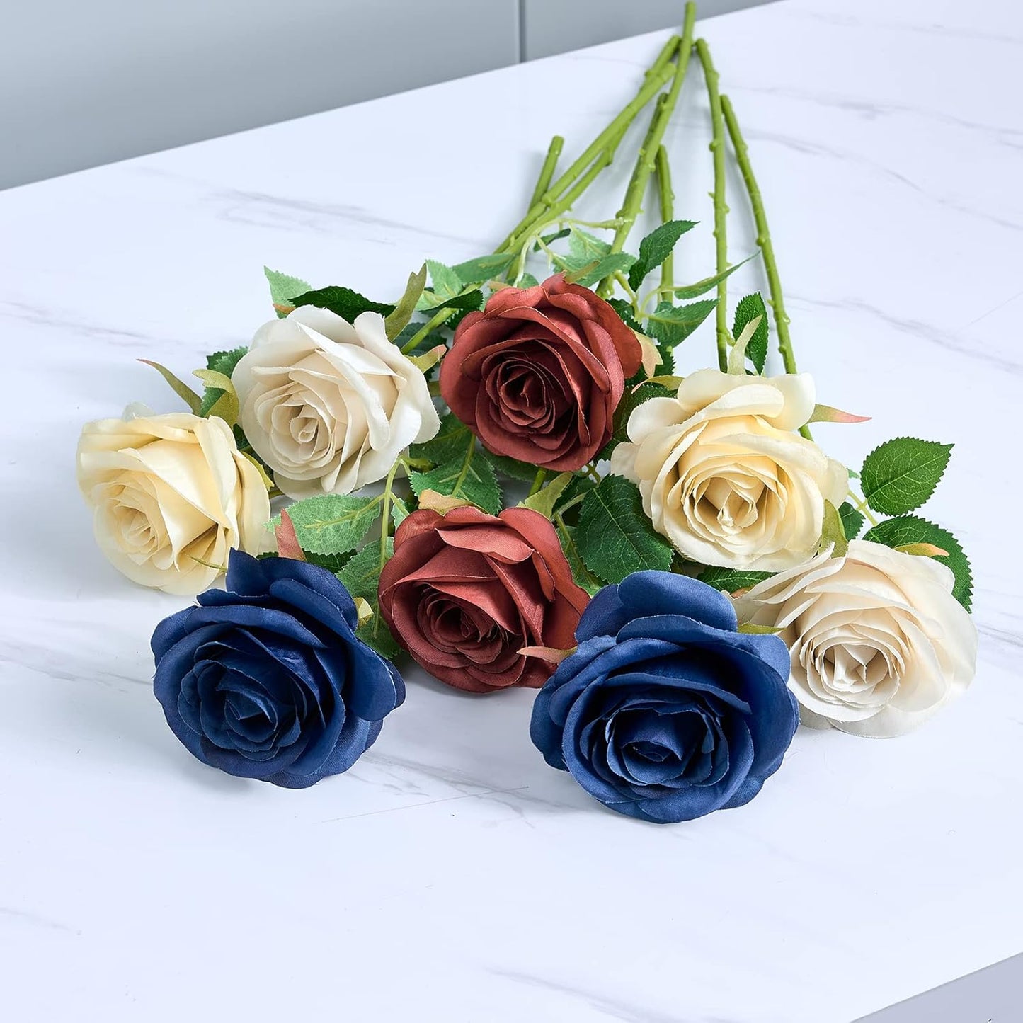 12pcs Roses Artificial Flowers Fake Roses Navy Blue Silk Roses Navy Silk Flowers Rose with Long Stems for Wedding Home Party Centerpieces Decorations