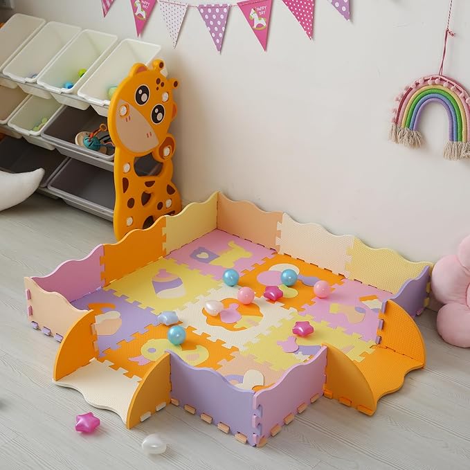 Foam Play Mat for Kids，25Pcs Square Interlocking Puzzle Floor Mat，Baby Play Mat Floor Mat Foam Puzzle Playmat for Toddlers with Fence（Comprehensive-CSH013