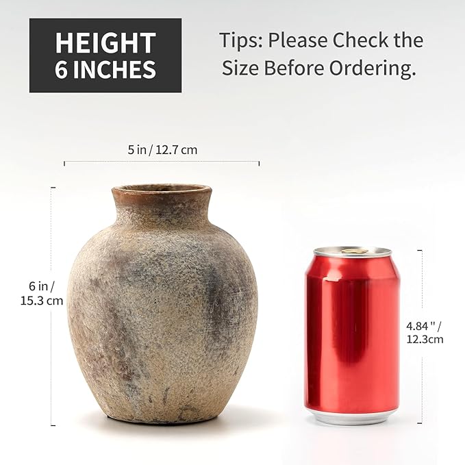 SIDUCAL Ceramic Decorative Flower Vase | 6 Inch Pottery Rustic Farmhouse | Boho | Whitewashed Terracotta Vase for Home Decor, Table, Living Room, Bathroom, Shelf, Mantel Decoration