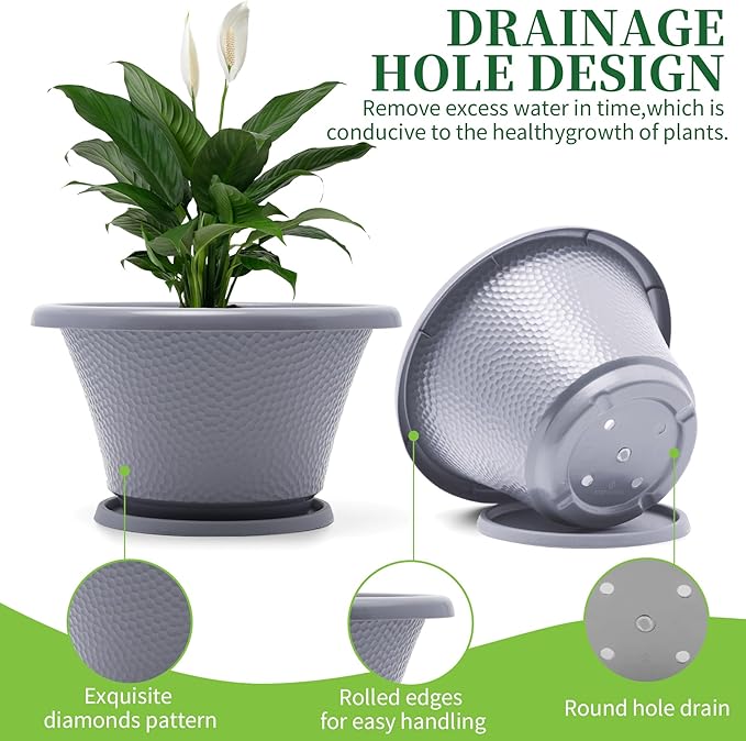 Quarut 12 Inch Large Planter Pot for Plants Indoor Outdoor, 4 Pack Plastic Flower Pots with Drainage Hole & Tray, Modern Decorative Garden Pot with Saucer, Plant Container for House Grey