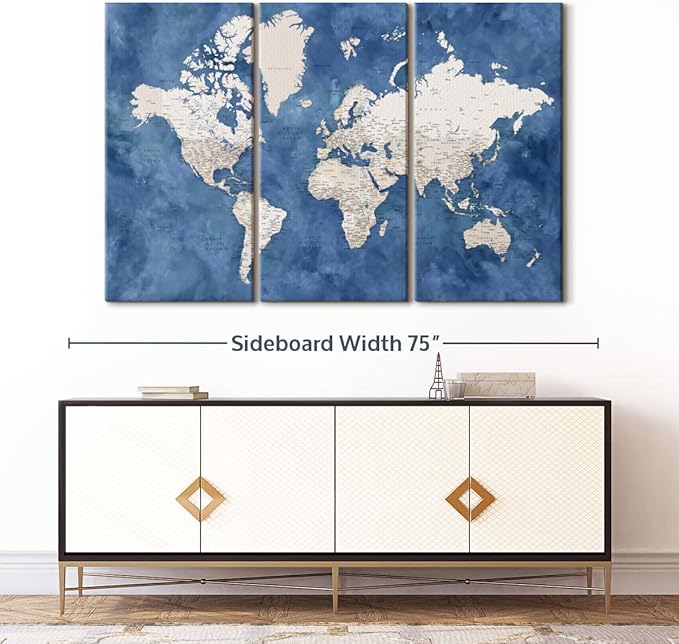 ElephantStock Detailed World Map With Cities I Wall Art - Horizontal Canvas - 3-Piece Living Room Decor - Watercolor Map Canvas Print - Beige and Blue Wall Decor by Blursbyai - 65" X 42"