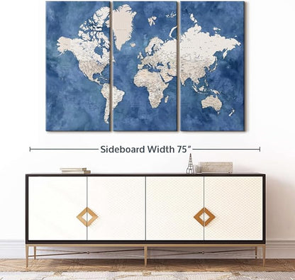 ElephantStock Detailed World Map With Cities I Wall Art - Horizontal Canvas - 3-Piece Living Room Decor - Watercolor Map Canvas Print - Beige and Blue Wall Decor by Blursbyai - 65" X 42"