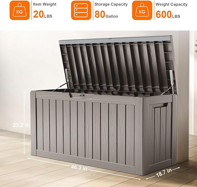 80 Gallon Resin Deck Box, Lockable Patio Outdoor Storage Box for Furniture, Garden Tools and Tools Storage, Waterproof Outside Storage Boxes - Grey