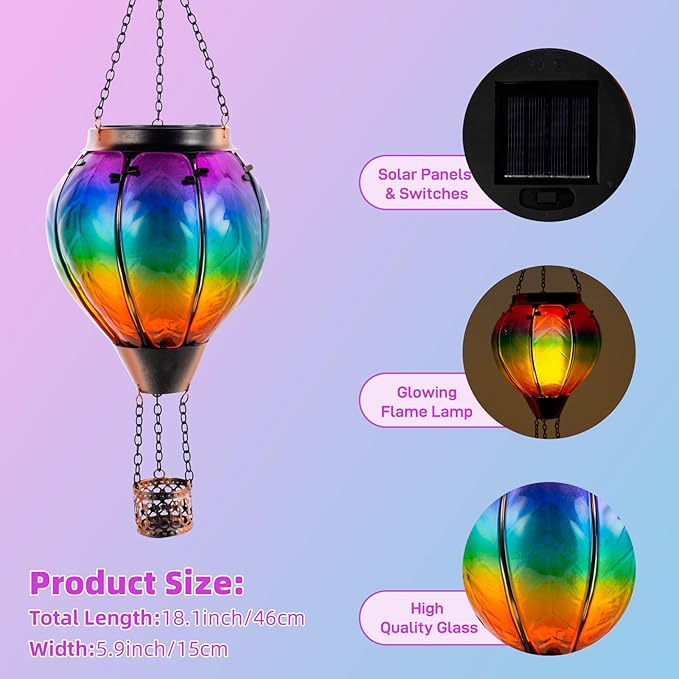Solar Hot Air Balloon Lantern with Flame, Hanging Glass Hot Air Balloon Solar Lantern Waterproof, Decorative Outdoor Hot Air Balloon Solar Light for Outside Garden Patio (Purple Gradient)