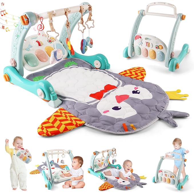 deAO Baby Play Mat Gym Tummy Time Mat Infant Play Center and Baby Activity Mat Baby Learning Walker Detachable Play Piano and Rattles, Baby Gifts for Babies 0-12+ Months, Penguin