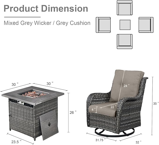 5 Pieces Patio Wicker Furniture Set - 4 Outdoor Swivel Rocker Glider Chairs with Propane Fire Pit Table, Patio Conversation Set Grey Cushion Perfect for Casual Gathering