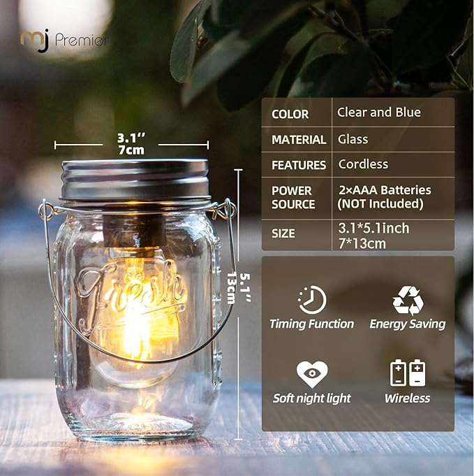 Outdoor Mason Jar Lights Hanging, 2-Pack LED Decorative Garden Lanterns with Timer, Battery Operated Vintage Glass Light for Patio Camping Courtyard Backyard Tree Hallway Stairs Farmhouse (2Color)
