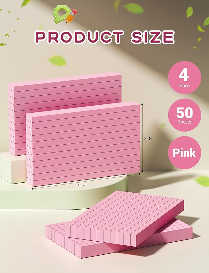 Pink Index Cards 3x5, 200 PCS 3x5 Index Cards Flashcards, Heavyweight Note Cards 3 by 5 Pink Flash Cards Single-Sided Study Card, Ruled 3 x 5 Index Card Ruled Notecard for School Office Home Studying