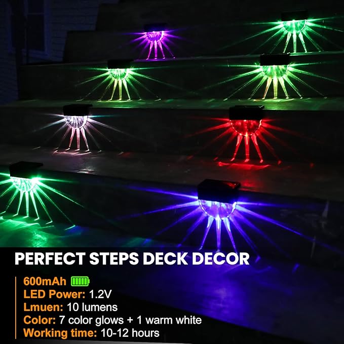 Solar Deck Lights Outdoor - 8 Pack Solar Step Light Waterproof Solar Fence Lights for Patio Stairs Post Pathway Porch Driveway Garden Decor, Warm White/LED Color Glow