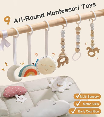 little dove Baby Gym with Mat, Wooden Play Gym with 9 Sensory Toys, Foldable Baby Play GymFrame Activity Center, Natural Pine Wood, Montessori Toys, Easy to Assemble & Clean, Natural Color