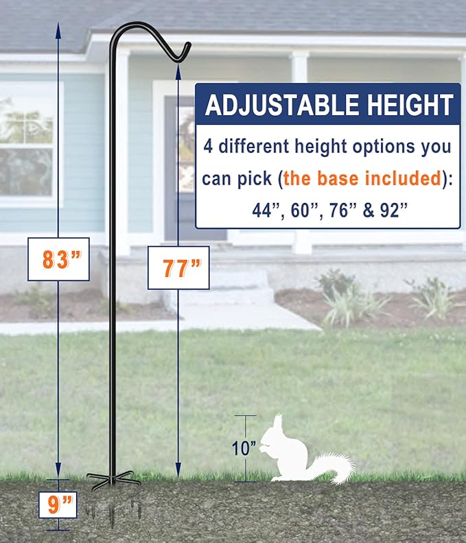 Shepherds Hook for Outdoor Bird Feeders Pole 92 Inch Tall, Adjustable Heavy Duty Garden Hanger Stake Pole with 5 Prong Base, Shiny Black (2 Packs)