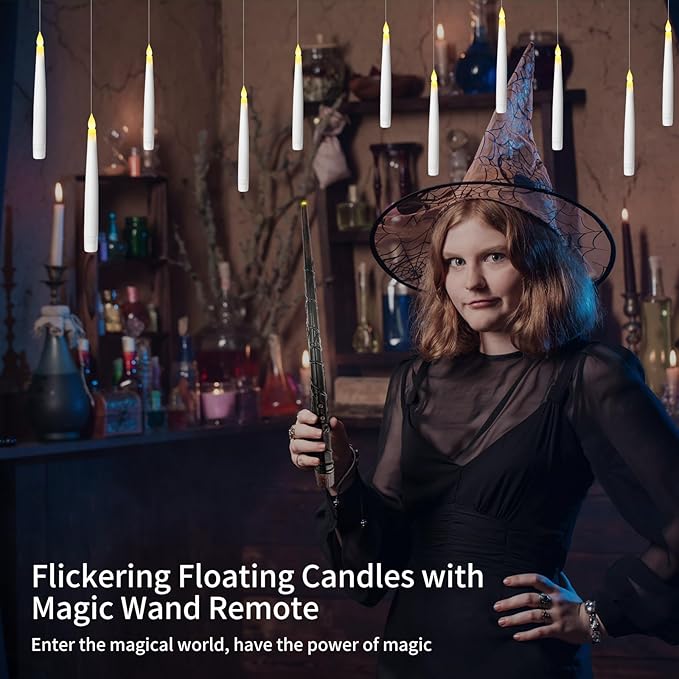 12pcs Floating Candles with Wand, Magic Hanging Candles, Flameless Candles with Magic Wand Remote, Battery Operated Hanging Window Candle, 6.1" LED Electric Candles for Christmas Halloween Decorations
