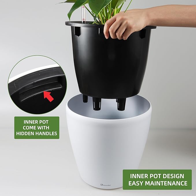 Dexceder 15x14 Self Watering Planter with Wheels Indoor Outdoor, Inner Pot Design, Thickened Large Floor Standing Flower Plant Pot with Water Level Indicator (White Matte)