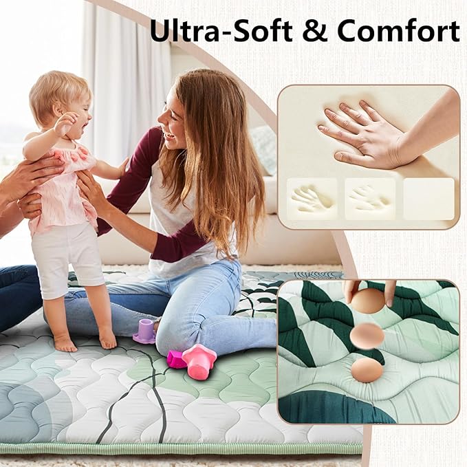Baby Play Mat, 50x50 Playpen Mat, Thick Soft Foam Playmats for Baby, Foldable and Washable Crawling Mat for Floor(Green Leaf)