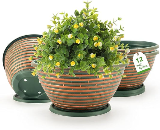 Quarut Large-Planter-Indoor-Outdoor Plant Pots, 12 inch 4 Pack Flower Pots with Saucer and Drainage Holes, Modern Planters for Planting Medium Large Plants,Decorative Resin Garden Pots(Brown)