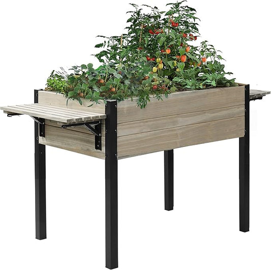 Raised Garden Bed, Metal Leg Wood Planter Boxes with Folding Storage Shelf,Elevated Planter Box for Growing Fresh Herbs, Vegetables, Flowers Great for Outdoor Patio, Deck, Balcony（Gray）