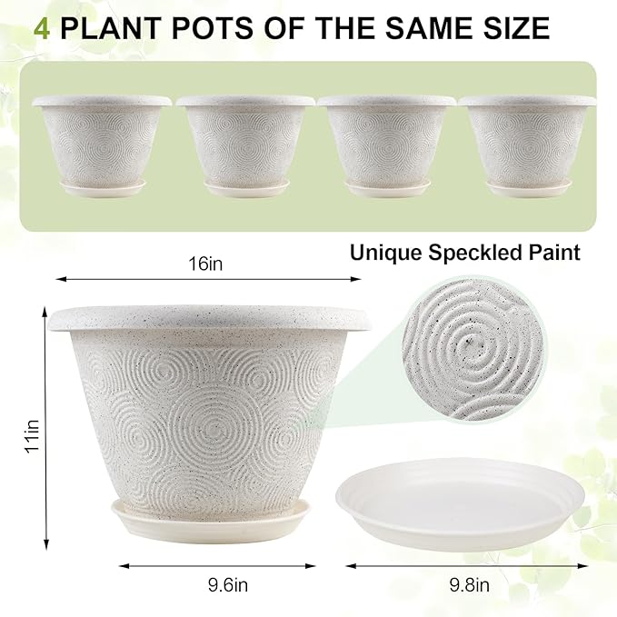 Plastic Flower Pots Planters for Indoor Plants, 4 Pack 16 Inch White Plant Pots with Drainage Hole & Tray, Modern Decorative Large Plant Pot with Saucer for Indoor Outdoor Plants Garden House Planter