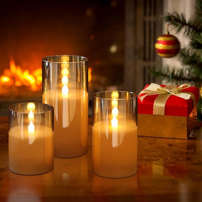 Glass LED Flickering Candles with Remote Timer, Flamless Pillar Candles Real Wax with 3D Wick Realistic, Home Decoration for Wedding Home Festival