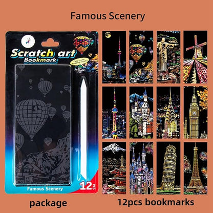 Georgie Porgy Scratch Paper Art Set for Kids Adults Magic Rainbow Scratchboards for DIY Arts and Crafts Kits Christmas Birthday Gift with Scratching Tools Kit (Bookmarks-Famous Scenery+Ancient Style)