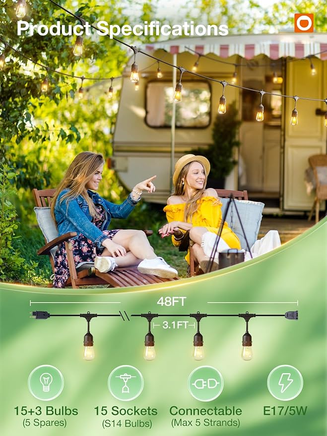 addlon 48 FT Outdoor String Lights Commercial Grade Weatherproof Strand, 18 Edison Vintage Bulbs, 15 Hanging Sockets (3 Spare Bulbs), ETL Listed Heavy-Duty Decorative Christmas Lights for Patio Garden