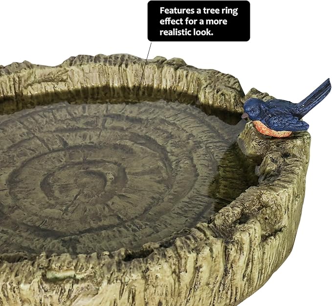 SunJet 24.4 Inch Heigh Wood-Look Concrete Bird Bath with Decorative Faux Bird – birdbath Rustic & Long-Lasting Design, Enhances Garden, Patio, Yard, Lawn Décor