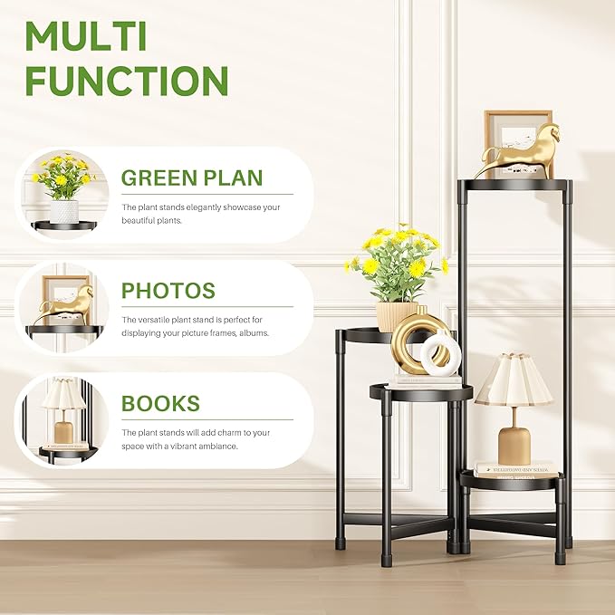 4-Tier Metal Plant Stand Indoor, Foldable Corner Plant Shelf Outdoor, Rotatable Tiered Tall Plant Stand, Black Multiple Plant Stands for Patio Living Room Balcony Garden Home Decor