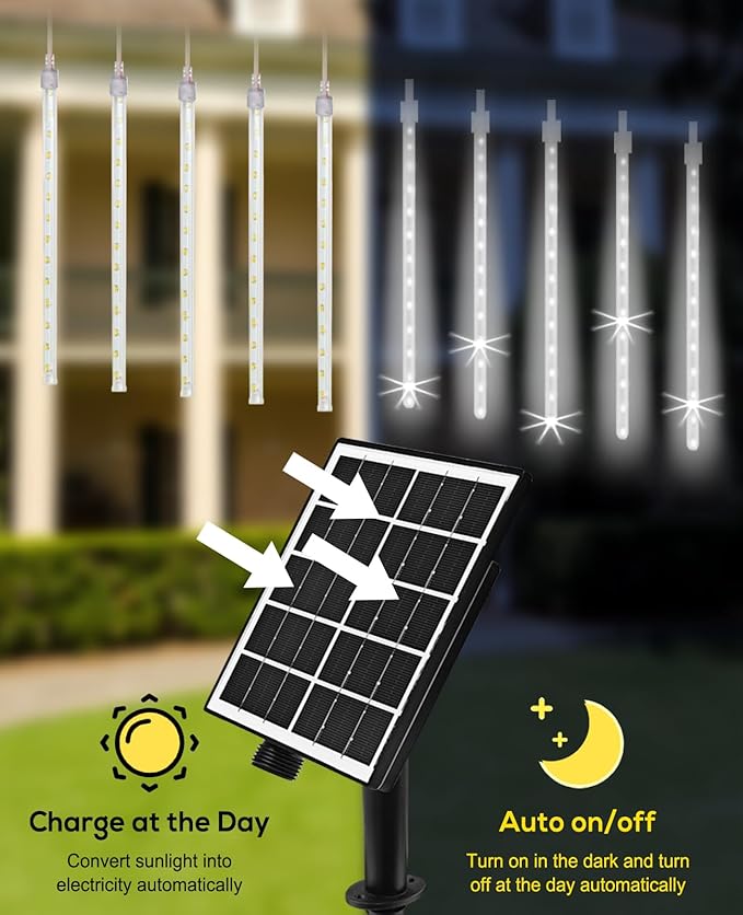 solar meteor shower lights outdoor, White