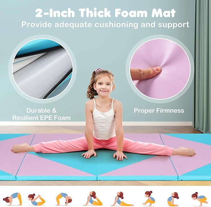 Giantex 4'x10'x 2" Gymnastics Mat, 4-Panel Folding Aerobics Exercise Mat w/Hook & Loop Fastener, Carrying Handle, Portable Tumbling Mat for Stretching Yoga Cheerleading Martial Arts