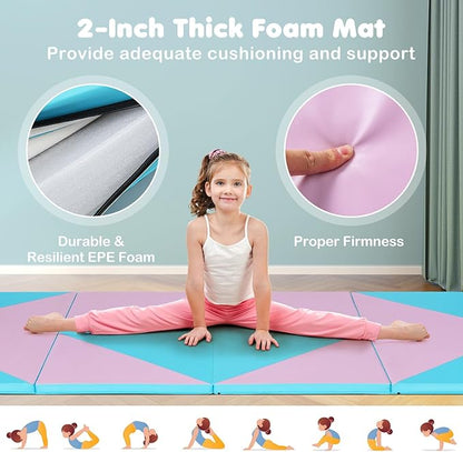 Giantex 4'x10'x 2" Gymnastics Mat, 4-Panel Folding Aerobics Exercise Mat w/Hook & Loop Fastener, Carrying Handle, Portable Tumbling Mat for Stretching Yoga Cheerleading Martial Arts