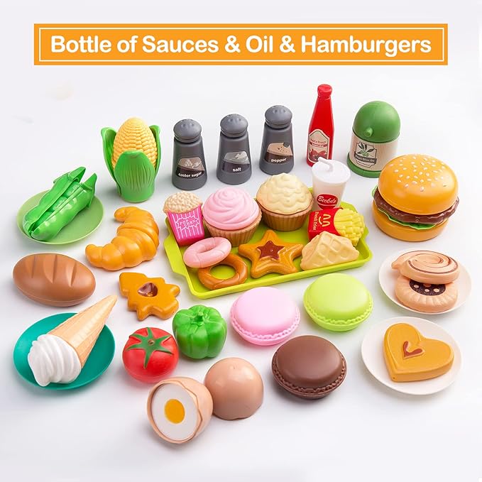 130Pcs Kitchen Playset, Toddler Pretend Cooking Play Pots, Pans, Utensils Cookware, Daily Food Fruit Veges, Shopping Storage Basket, Dessert, Prop Money, Learning Gift for Child (Turquoise)