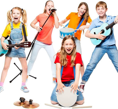 Kids Drum Set 8 Inch Wooden Toy Drum with Adjustable Strap 2 Drumsticks Educational Sensory Musical Instrument Toy Set for Toddlers Kid Baby Boys Girls Gift(Blue Triangle Style)