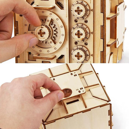 3D Wooden Safe Box Puzzle DIY Kit - 111 Pieces Mechanical Coin Bank with Combination Lock - Laser Cut, Elegant Design, Gift for Puzzle Lovers