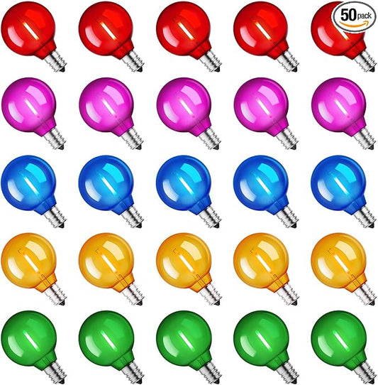 Brightown 50 Pack Multicolor G40 LED Christmas Replacement Light Bulbs, UL Listed, 1 Watt E12/C7 Candelabra Base Plastic Shatterproof LED Globe Edison Bulbs, Easily Screw in Strings Spools Strands