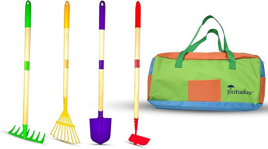 G & F Products JustForKids Kids Garden Tool Set,detatchble, Portable 4-Piece Multicolored Set for Gardening, 2-Pack with Travel Bag, Ages 5+