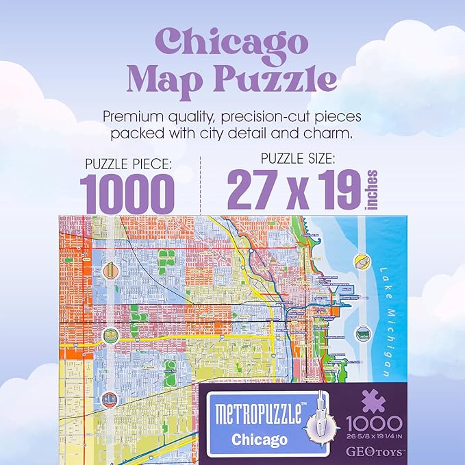 GeoToys Metropuzzle, Chicago Jigsaw Puzzles 1000 Pieces - 27 x 19 Detailed Chicago Geography Puzzle, Challenging Adult Puzzle, Fun Puzzles for Adults, Map Poster Included for Adults