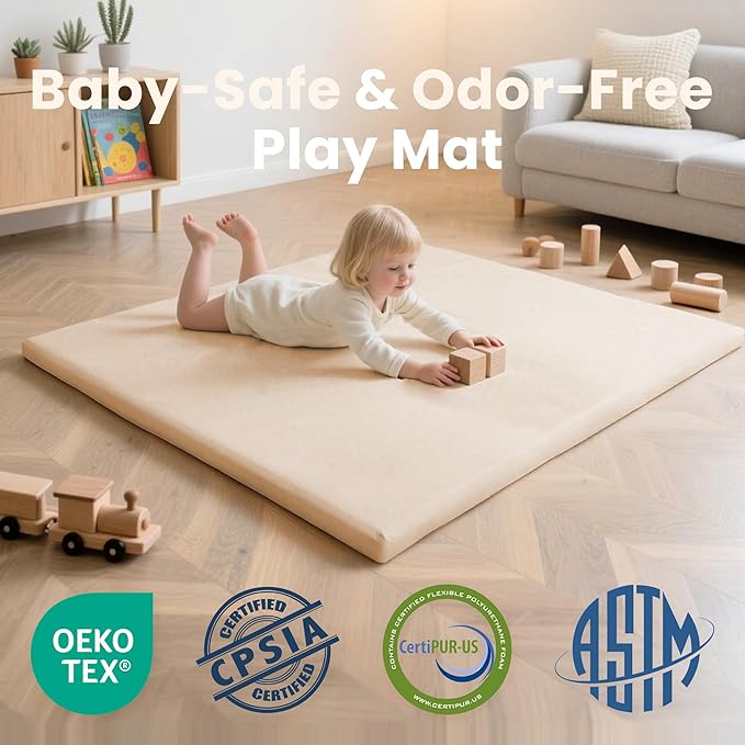 Baby Play Mat 50x50 Inches,1.3" Thick Padded Waterproof Floor Cushion & Playpen Mat with Vegan Leather,Non-Slip & Non-Toxic Nursery Rug for Infants, Toddlers & Kids(Beige)