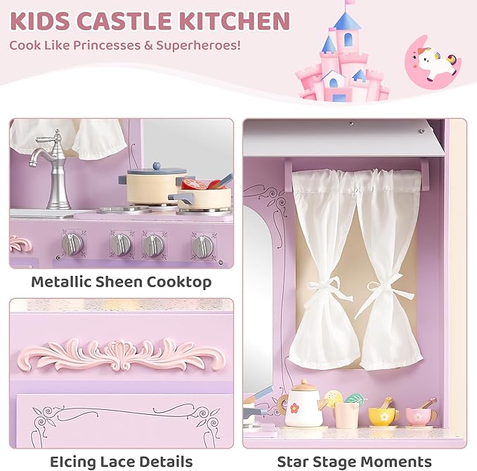 Kids Kitchen playset，Wooden Play Kitchen with Realistic Design，Kids Play Kitchen with Plenty of Play Features，Fine Gift for Ages 3+,Purple