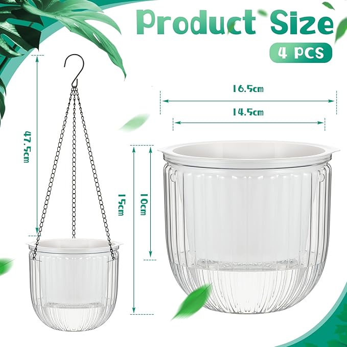 Meanplan 4 Pcs Self Watering Hanging Planter Indoor 6.5 Inch Hanging Baskets for Plants Outdoor Plastic Flower Pot with 3 Hooks Chains Drainage Holes for Garden Home, Medium Size(Clear)