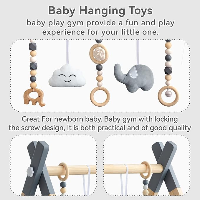 Wooden Baby Play Gym with Mat, Foldable Baby Play Gym Frame Activity Gym Hanging Bar with 5 Gym Baby Toys Playmats for Newborn Baby (Foldable Baby Play Gym with Mat)