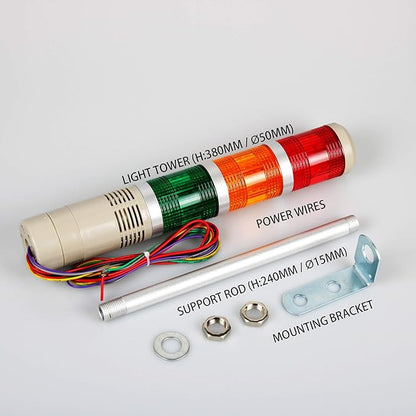 Industrial 3-Layer Stack LED Warning Light with Buzzer, 110V AC, 2W, Round, Plastic