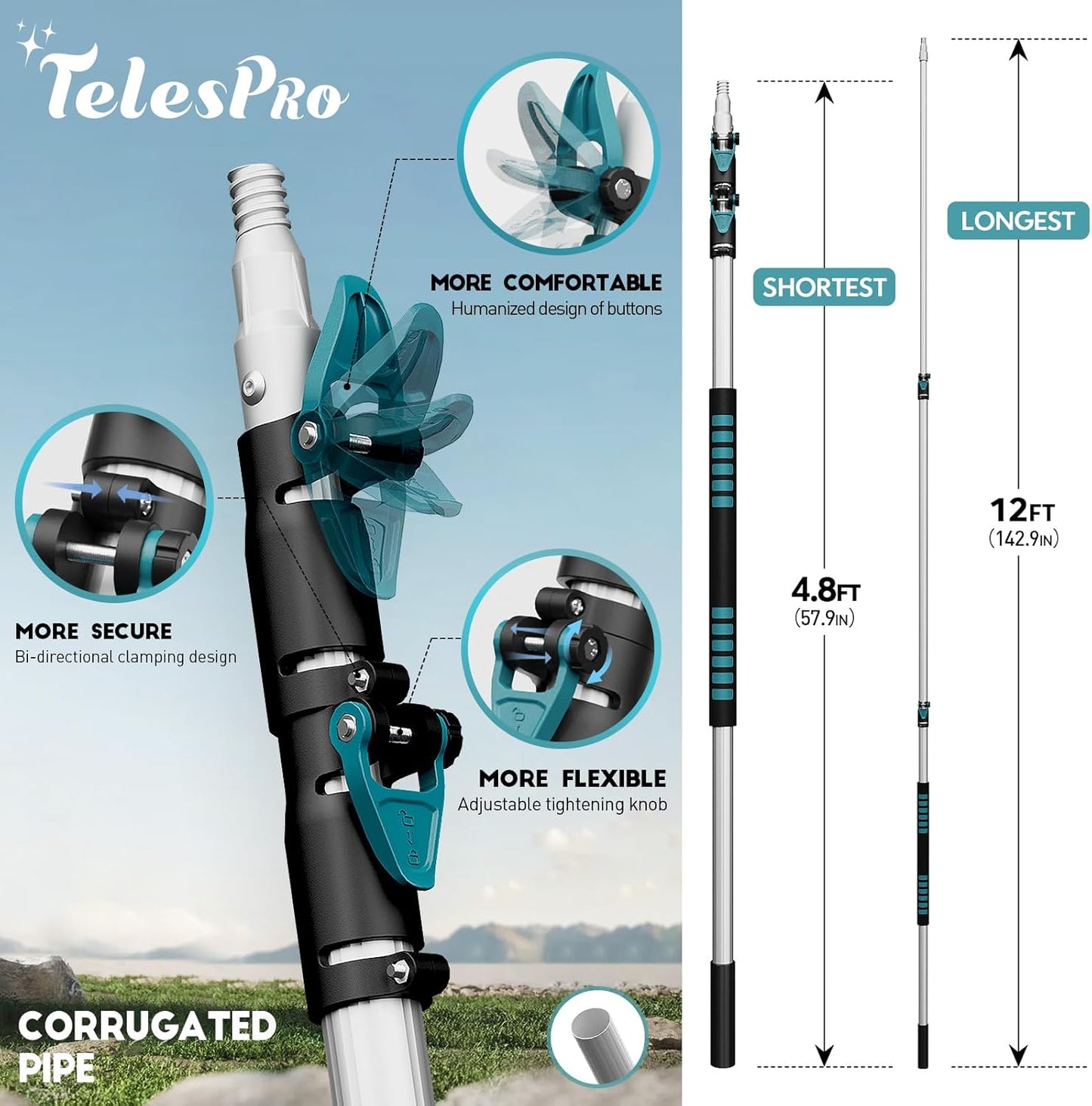 Extendable Tree Trimmer: Manual Pole Saw | 5-12ft Telescoping Pruning Pole for Tree Trimming | Saw Attachment, Safety Goggles, and Gloves Included | Trim Branches up to 2" Diameter