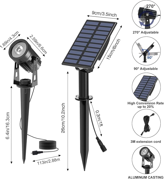 T-SUNUS Solar Landscape Spotlights, Solar Garden Spot Lights IP65 Waterproof 9.8ft Cable, 2000mAh Separated Solar Panel, Auto On/Off for Garden Driveway Pathway Pool Area (White 6000K)