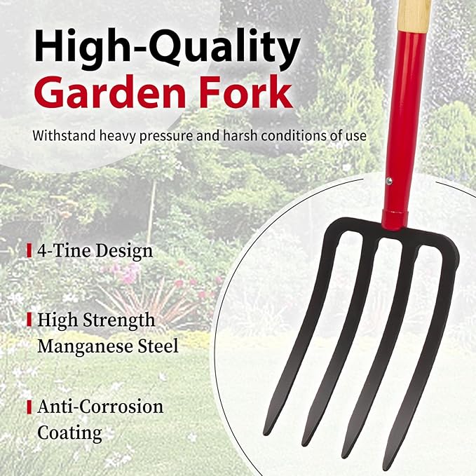 Heavy Duty Garden Fork for Digging, 4 Tines Pitch Fork for Gardening Compost, Garden Pitch Fork with Wooden Handle, 45 Inches