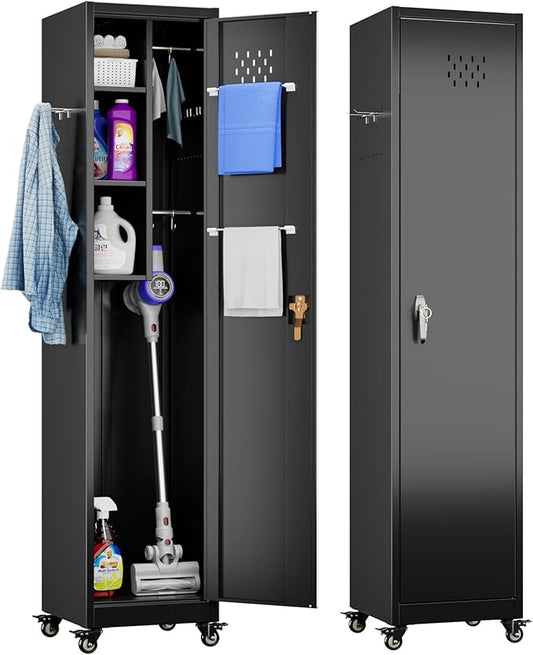 72''H Metal Broom Closet Storage Cabinet with Wheels & Pegboards, Mops Broom Closet Organizer with Locking Door & Hanging Rod,Cleaning Tool Garage Storage Cabinet,Assembly Required,Black