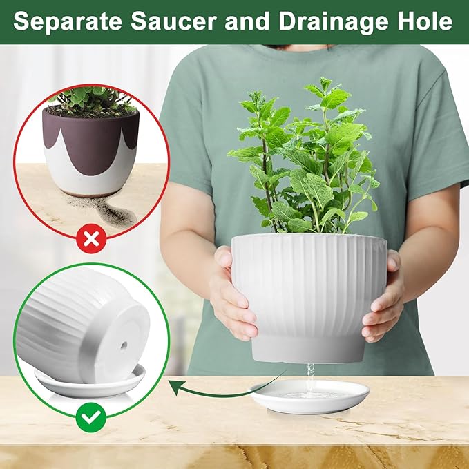 6.7 + 5.5 Inch Plant Pot, Ceramic Planter with Drainage and Saucer, Ceramic Pots for Plants, Indoor Plant pots,Ceramic Flower pots（Pure White, Plants NOT Included）