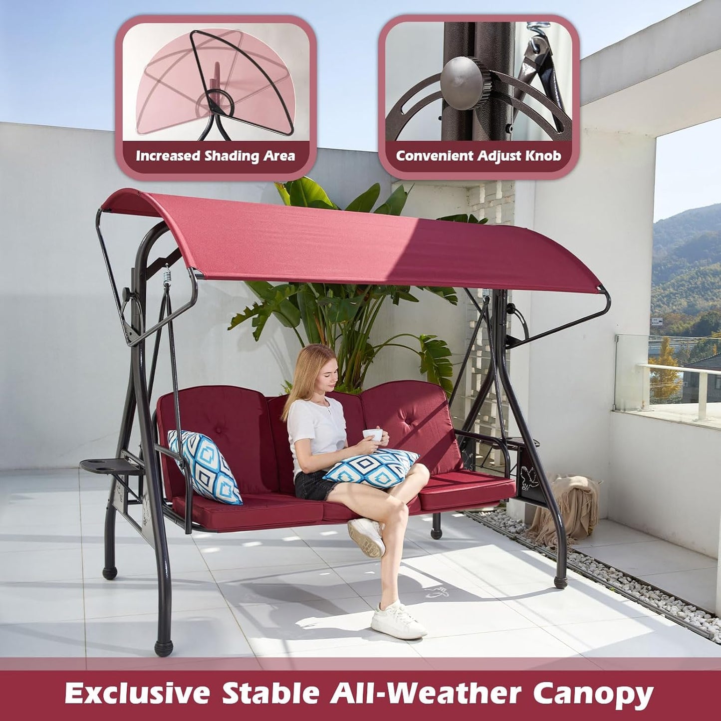 800LBS Patio Swing with Canopy 3 Seat Outdoor Porch Swing with Stand w/Cup Holder & Pillow Glider Chair Swing Bed for Patio Backyard Poolside (Red)