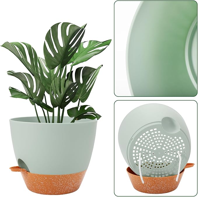 GARDIFE 10 inch Plant Pots,Self Watering Pots, 2 Pack Flower pots, Large Plastic Planters with Deep Reservior and High Drainage Holes for Indoor Outdoor Plants and Flowers, Green